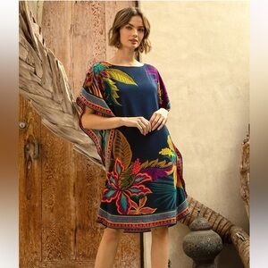 Trina Turk Global Silk Caftan Dress Womens Extra Small Navy Floral Tropical $398
